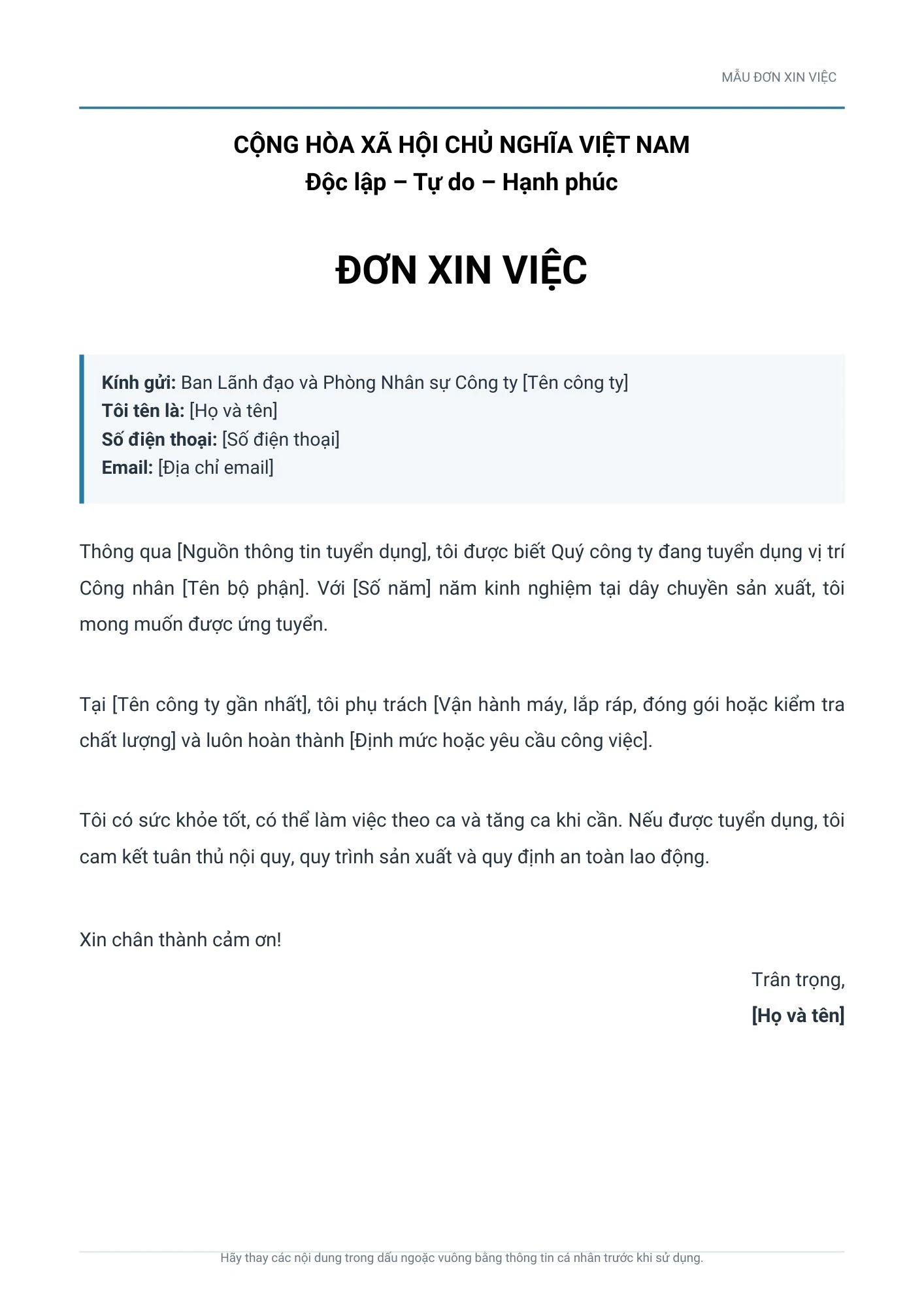 Mẫu đơn xin việc cho công nhân