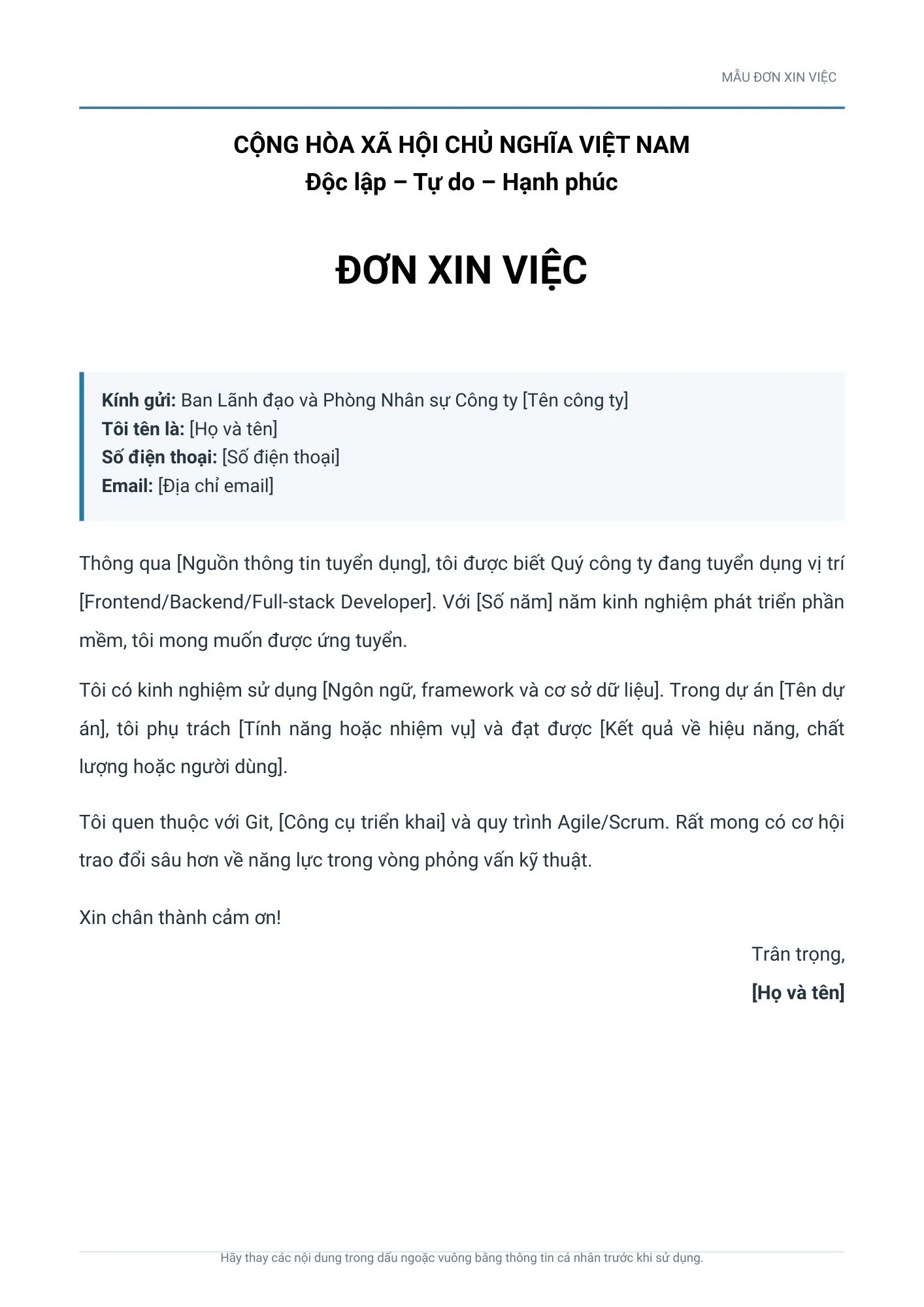 Mẫu đơn xin việc cho lập trình viên