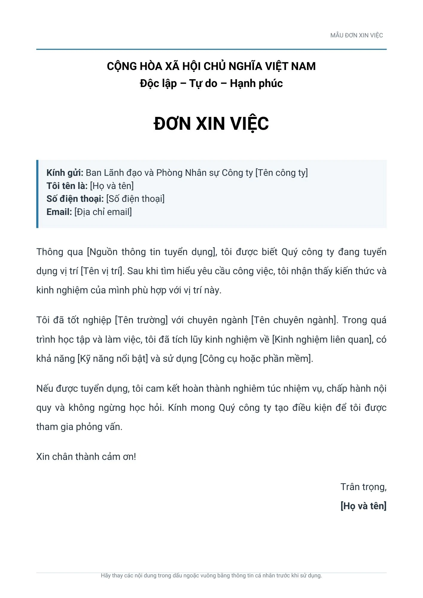 Mẫu đơn xin việc viết tay