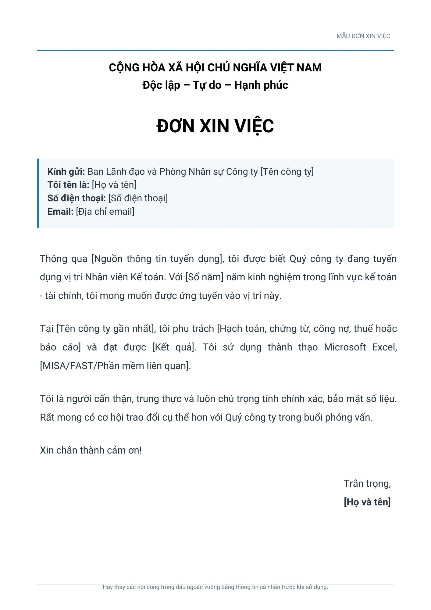 Mẫu đơn xin việc cho nhân viên kế toán