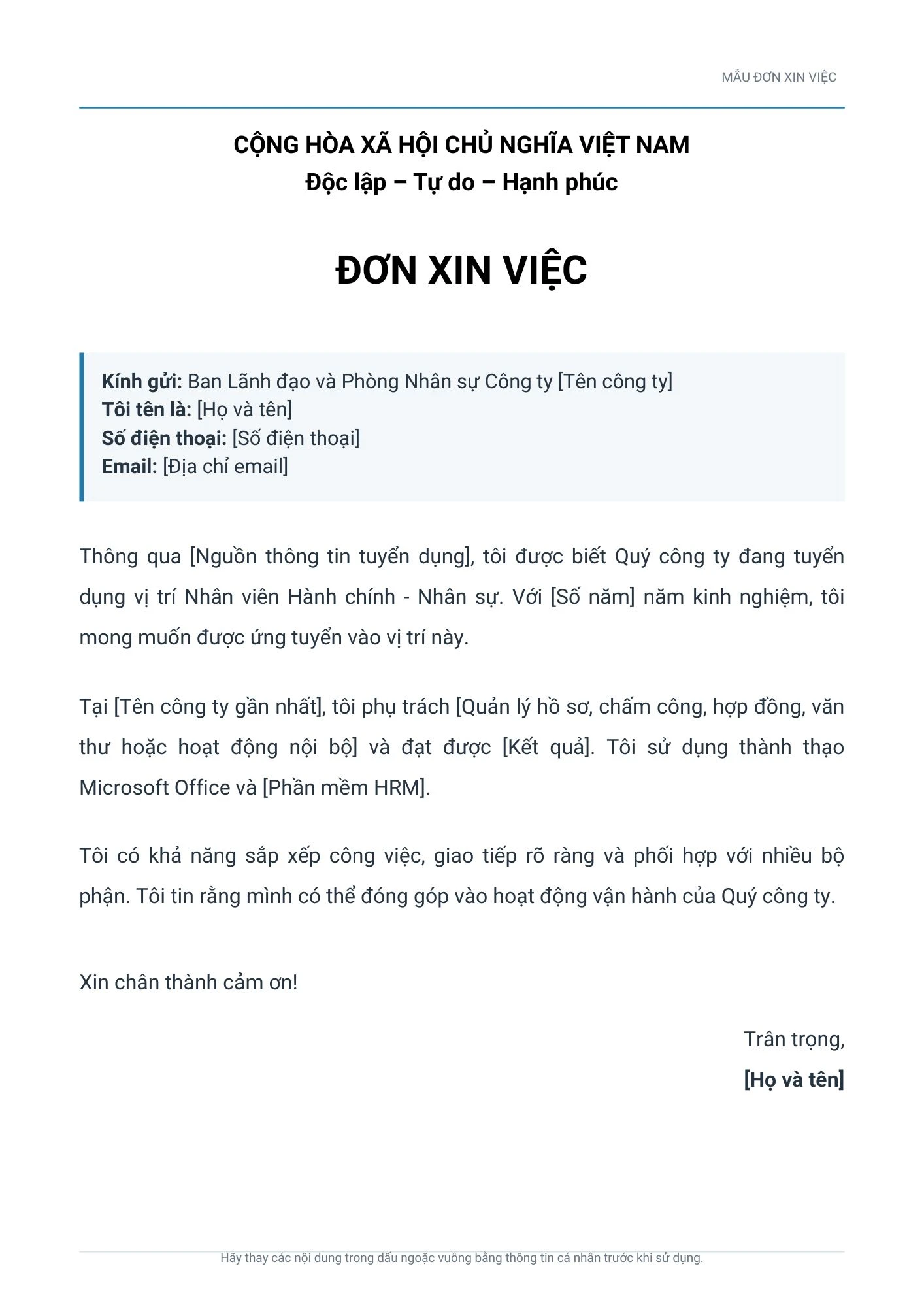 Mẫu đơn xin việc cho nhân viên hành chính - nhân sự