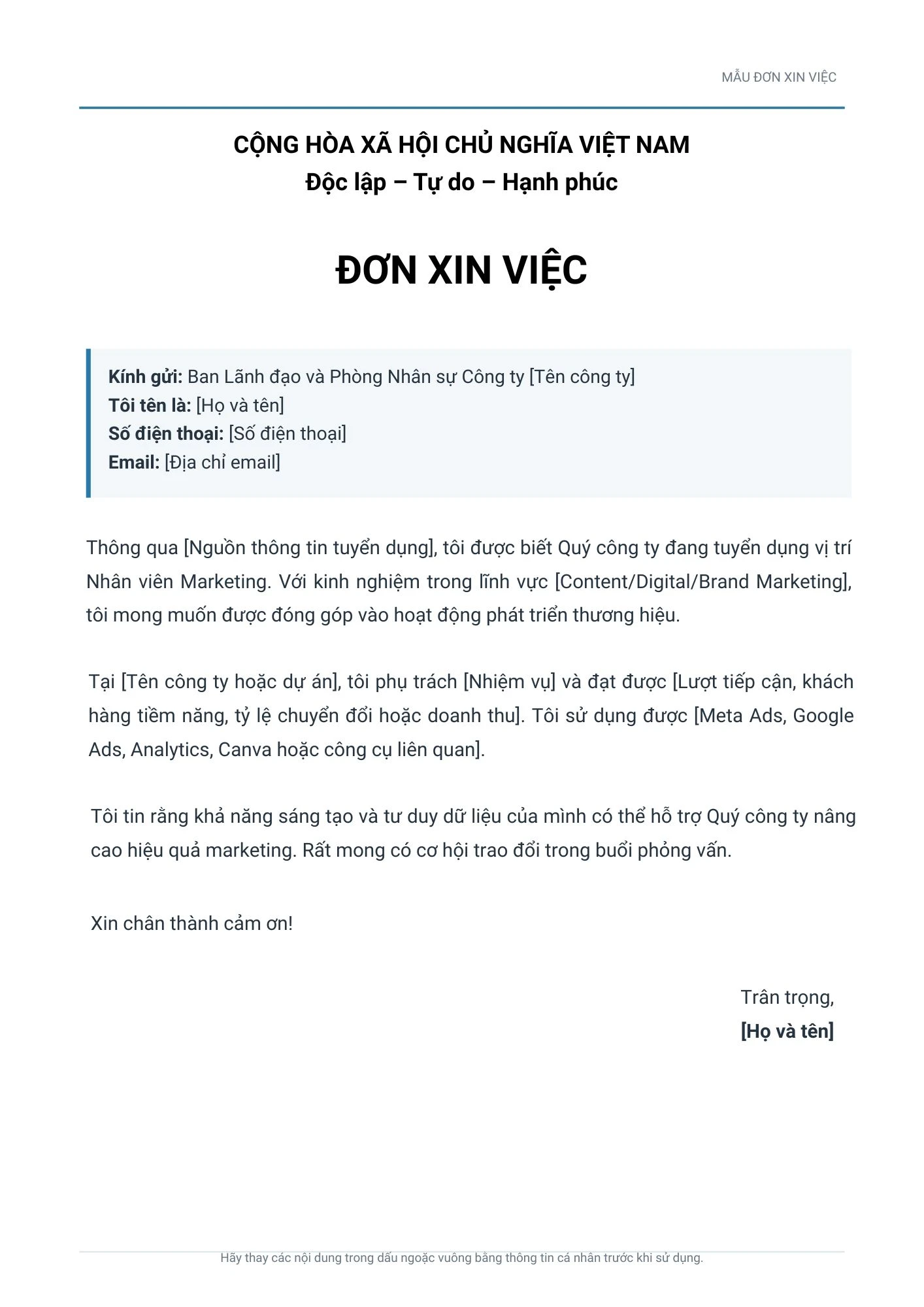 Mẫu đơn xin việc cho nhân viên marketing