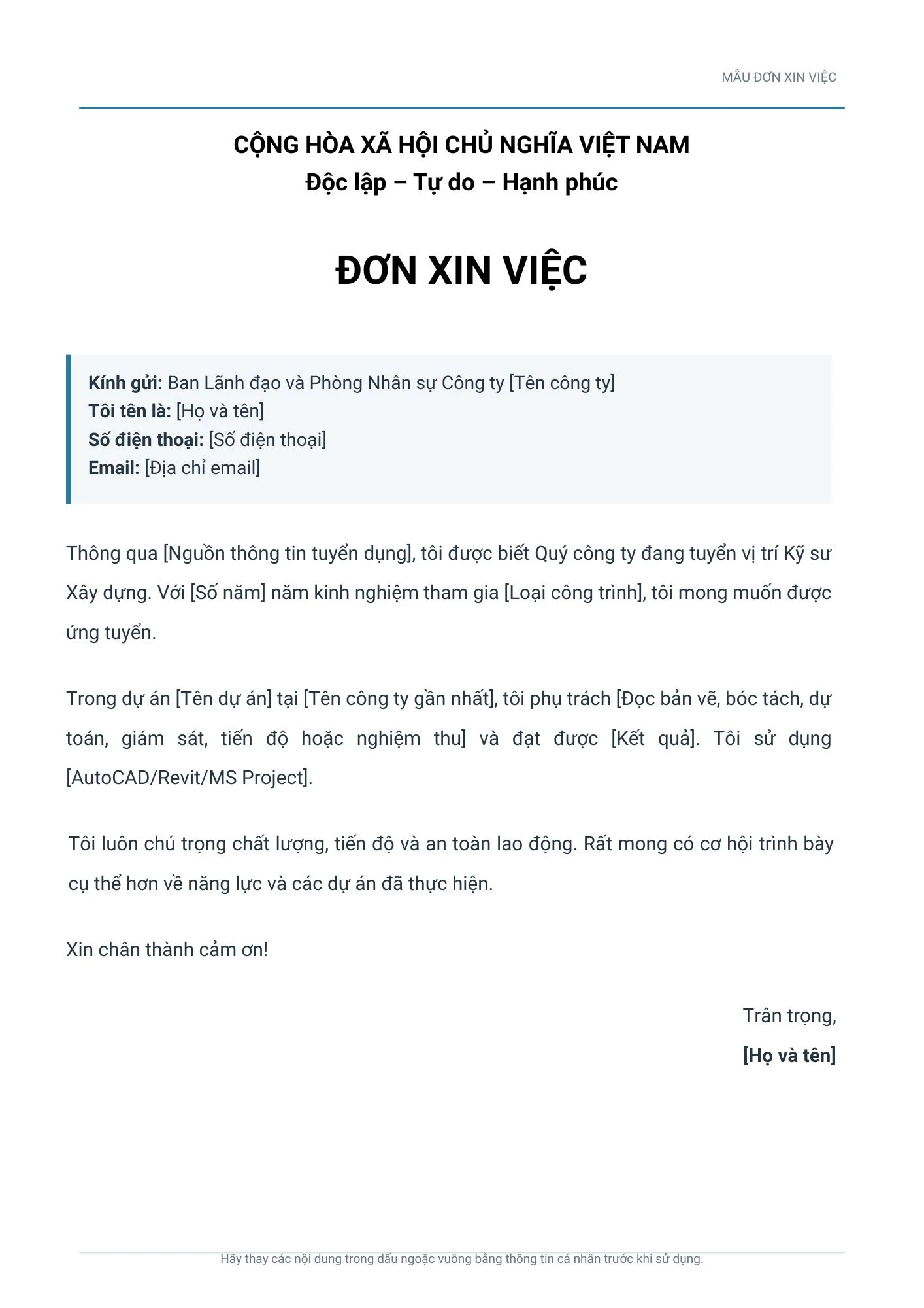 Mẫu đơn xin việc cho kỹ sư xây dựng