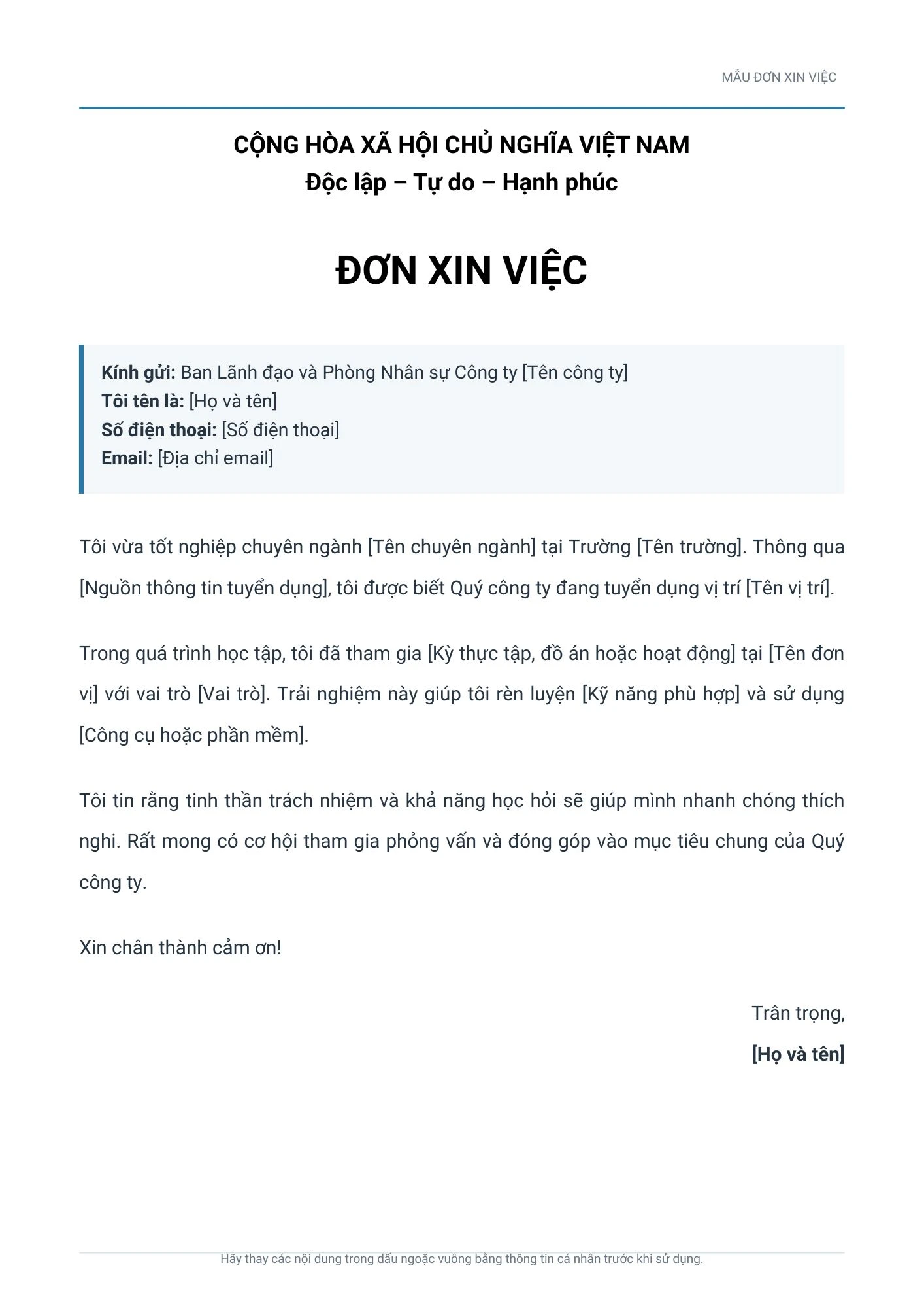 Mẫu đơn xin việc cho sinh viên mới ra trường