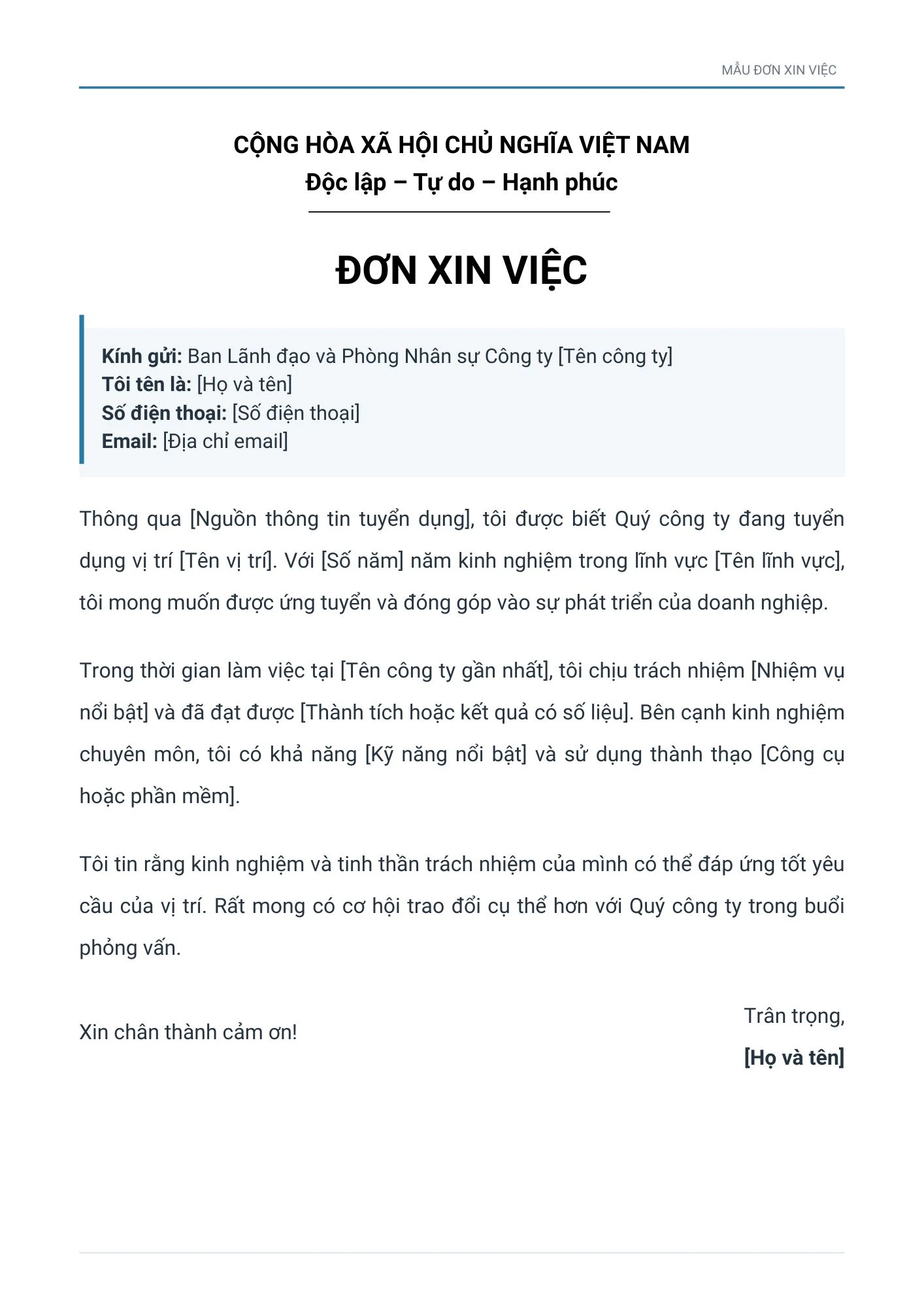 Mẫu đơn xin việc cho người đã có kinh nghiệm