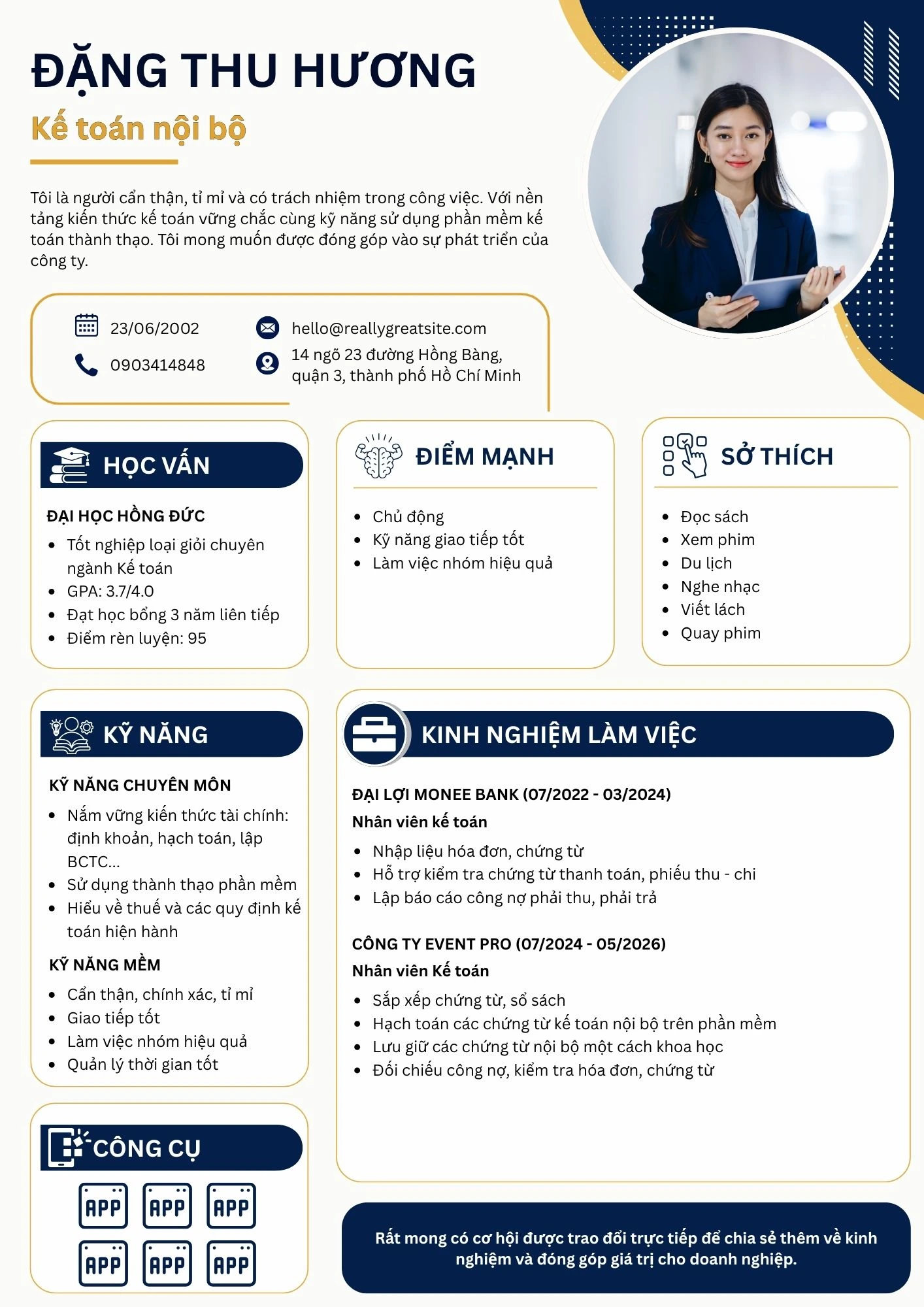 Mẫu CV kế toán nội bộ bằng tiếng Việt