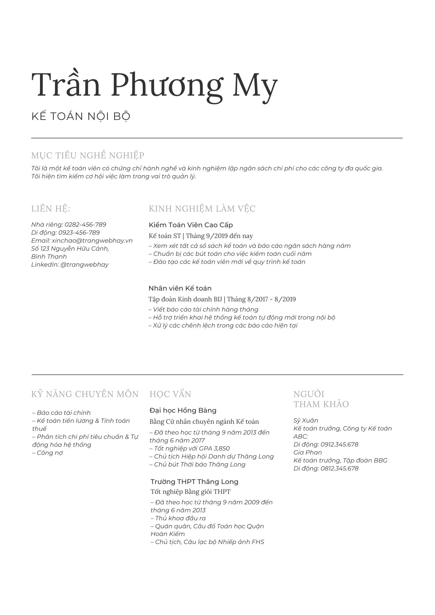 Mẫu CV kế toán nội bộ chuẩn ATS
