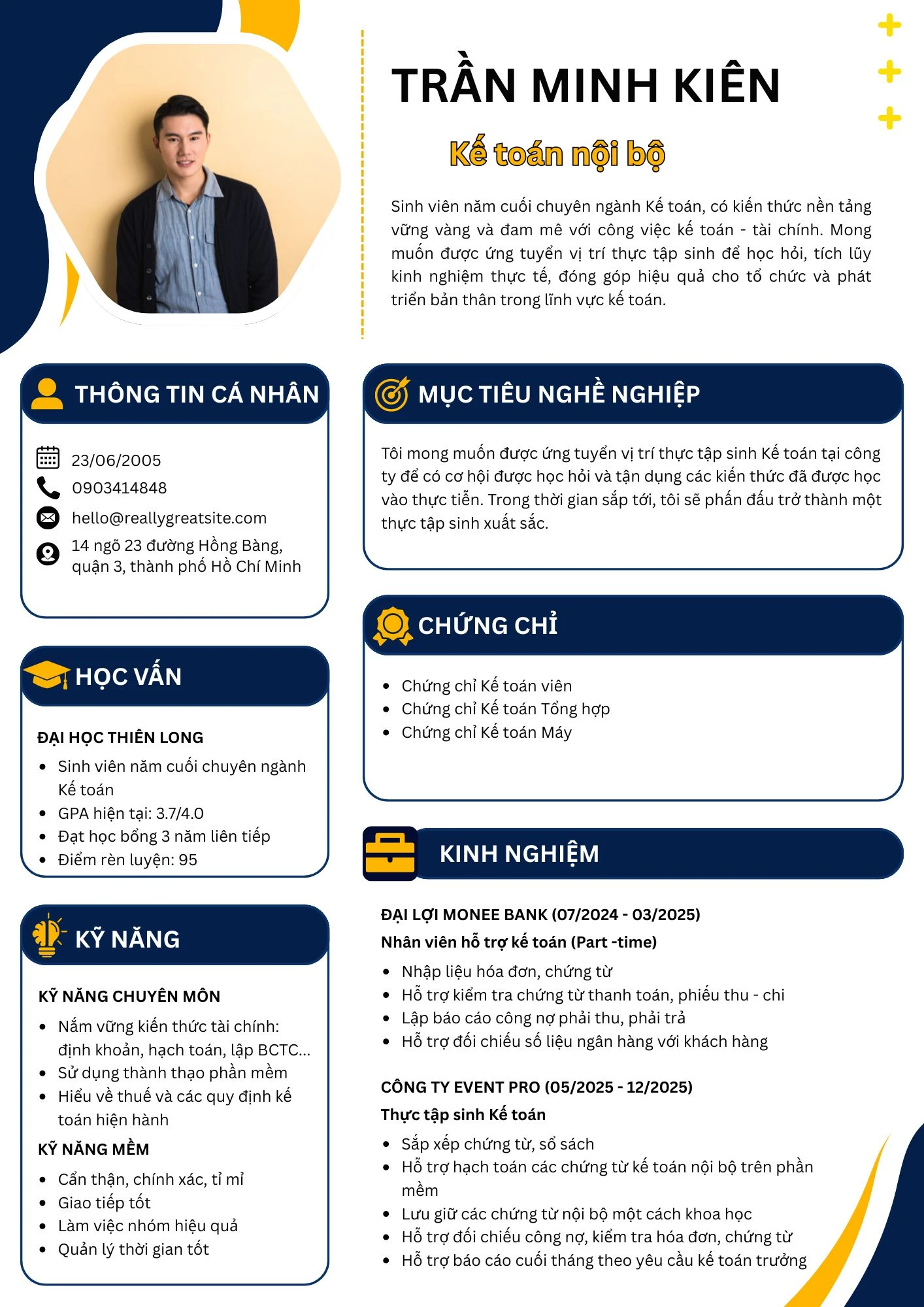 Mẫu CV kế toán nội bộ chưa có kinh nghiệm